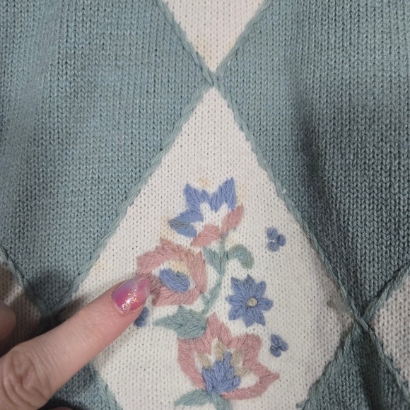 Vtg Alfred Dunner Sweater Medium Argyle Floral Mock Neck Knit Grannycore Cottage - Picture 5 of 7